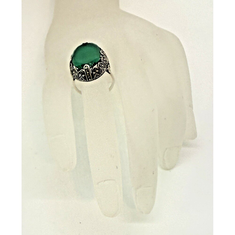 Vintage Germany Sterling Marcasite Green Stone Agate or Onyx Like Ring 6.75